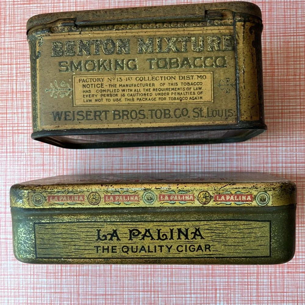 Set of two vintage antique metal cigar tobacco boxes tins advertising tobacciana